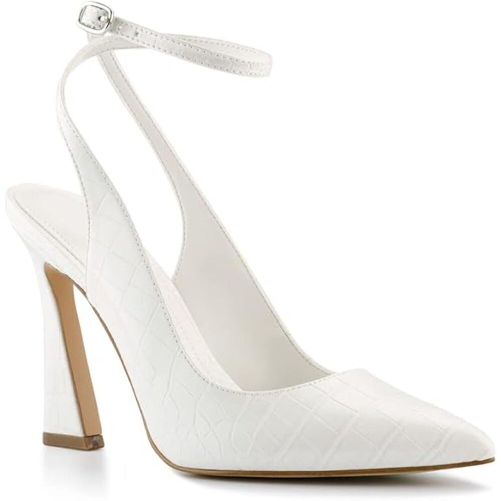 Women's White Closed Toe Faux Leather Slingback High-Heel Wedding Pumps Shoes